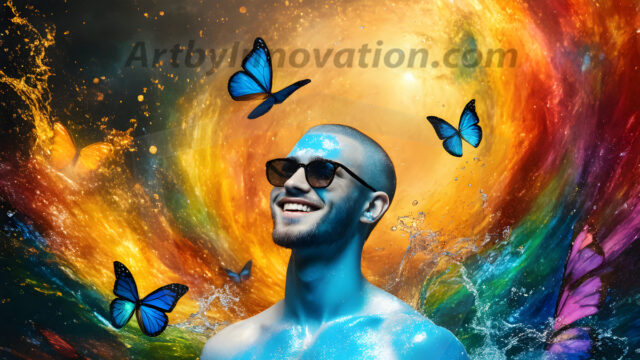 Abstract Male Art Ai Photos of Beautiful Men Enveloped by Colors. AI-generated abstract art featuring beautiful, handsome, sexy, shirtless, men, boys, lads, full of excitement joy and fun, covered in colors, dynamic, interactive, Combining elements of realism with surreal abstract qualities, showcasing the potential of AI in artistic expression.