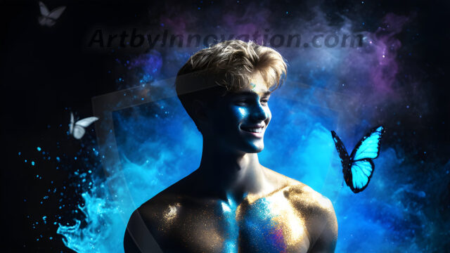 Abstract Male Art Ai Photos of Beautiful Men Enveloped by Colors. AI-generated abstract art featuring beautiful, handsome, sexy, shirtless, men, boys, lads, full of excitement joy and fun, covered in colors, dynamic, interactive, Combining elements of realism with surreal abstract qualities, showcasing the potential of AI in artistic expression.