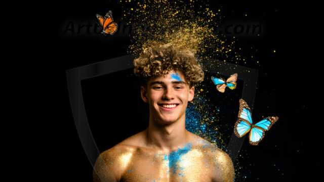 Abstract Male Art Ai Photos of Beautiful Men Enveloped by Colors. AI-generated abstract art featuring beautiful, handsome, sexy, shirtless, men, boys, lads, full of excitement joy and fun, covered in colors, dynamic, interactive, Combining elements of realism with surreal abstract qualities, showcasing the potential of AI in artistic expression.