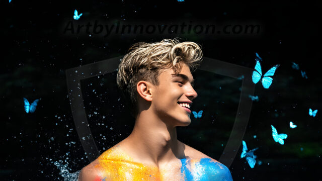 Abstract Male Art Ai Photos of Beautiful Men Enveloped by Colors. AI-generated abstract art featuring beautiful, handsome, sexy, shirtless, men, boys, lads, full of excitement joy and fun, covered in colors, dynamic, interactive, Combining elements of realism with surreal abstract qualities, showcasing the potential of AI in artistic expression.