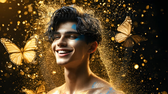 Abstract Male Art Ai Photos of Beautiful Men Enveloped by Colors. AI-generated abstract art featuring beautiful, handsome, sexy, shirtless, men, boys, lads, full of excitement joy and fun, covered in colors, dynamic, interactive, Combining elements of realism with surreal abstract qualities, showcasing the potential of AI in artistic expression.