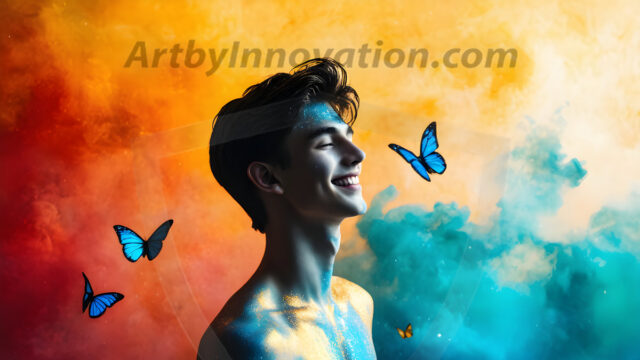 Abstract Male Art Ai Photos of Beautiful Men Enveloped by Colors. AI-generated abstract art featuring beautiful, handsome, sexy, shirtless, men, boys, lads, full of excitement joy and fun, covered in colors, dynamic, interactive, Combining elements of realism with surreal abstract qualities, showcasing the potential of AI in artistic expression.