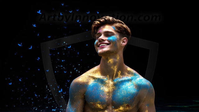 Abstract Male Art Ai Photos of Beautiful Men Enveloped by Colors. AI-generated abstract art featuring beautiful, handsome, sexy, shirtless, men, boys, lads, full of excitement joy and fun, covered in colors, dynamic, interactive, Combining elements of realism with surreal abstract qualities, showcasing the potential of AI in artistic expression.