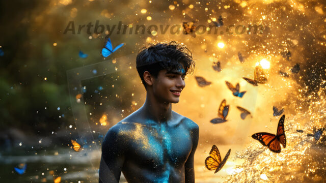 Abstract Male Art Ai Photos of Beautiful Men Enveloped by Colors. AI-generated abstract art featuring beautiful, handsome, sexy, shirtless, men, boys, lads, full of excitement joy and fun, covered in colors, dynamic, interactive, Combining elements of realism with surreal abstract qualities, showcasing the potential of AI in artistic expression.