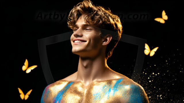 Abstract Male Art Ai Photos of Beautiful Men Enveloped by Colors. AI-generated abstract art featuring beautiful, handsome, sexy, shirtless, men, boys, lads, full of excitement joy and fun, covered in colors, dynamic, interactive, Combining elements of realism with surreal abstract qualities, showcasing the potential of AI in artistic expression.