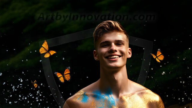 Abstract Male Art Ai Photos of Beautiful Men Enveloped by Colors. AI-generated abstract art featuring beautiful, handsome, sexy, shirtless, men, boys, lads, full of excitement joy and fun, covered in colors, dynamic, interactive, Combining elements of realism with surreal abstract qualities, showcasing the potential of AI in artistic expression.