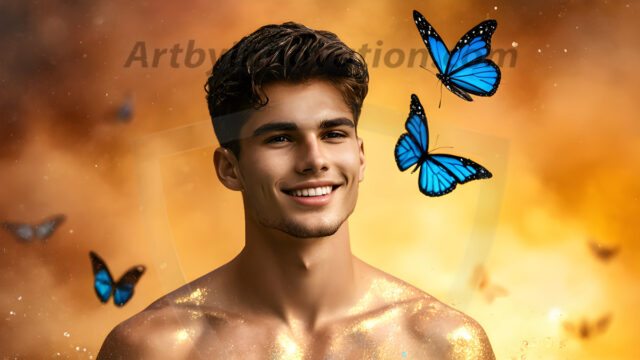 Abstract Male Art Ai Photos of Beautiful Men Enveloped by Colors. AI-generated abstract art featuring beautiful, handsome, sexy, shirtless, men, boys, lads, full of excitement joy and fun, covered in colors, dynamic, interactive, Combining elements of realism with surreal abstract qualities, showcasing the potential of AI in artistic expression.