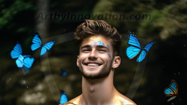 Abstract Male Art Ai Photos of Beautiful Men Enveloped by Colors. AI-generated abstract art featuring beautiful, handsome, sexy, shirtless, men, boys, lads, full of excitement joy and fun, covered in colors, dynamic, interactive, Combining elements of realism with surreal abstract qualities, showcasing the potential of AI in artistic expression.