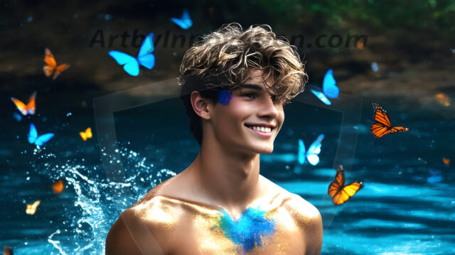 Abstract Male Art Ai Photos of Beautiful Men Enveloped by Colors. AI-generated abstract art featuring beautiful, handsome, sexy, shirtless, men, boys, lads, full of excitement joy and fun, covered in colors, dynamic, interactive, Combining elements of realism with surreal abstract qualities, showcasing the potential of AI in artistic expression.