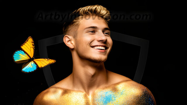 Abstract Male Art Ai Photos of Beautiful Men Enveloped by Colors. AI-generated abstract art featuring beautiful, handsome, sexy, shirtless, men, boys, lads, full of excitement joy and fun, covered in colors, dynamic, interactive, Combining elements of realism with surreal abstract qualities, showcasing the potential of AI in artistic expression.