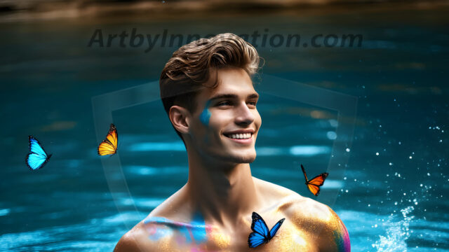 Abstract Male Art Ai Photos of Beautiful Men Enveloped by Colors. AI-generated abstract art featuring beautiful, handsome, sexy, shirtless, men, boys, lads, full of excitement joy and fun, covered in colors, dynamic, interactive, Combining elements of realism with surreal abstract qualities, showcasing the potential of AI in artistic expression.