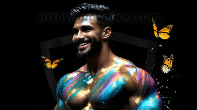 Abstract Male Art Ai Photos of Beautiful Men Enveloped by Colors. AI-generated abstract art featuring beautiful, handsome, sexy, shirtless, men, boys, lads, full of excitement joy and fun, covered in colors, dynamic, interactive, Combining elements of realism with surreal abstract qualities, showcasing the potential of AI in artistic expression.