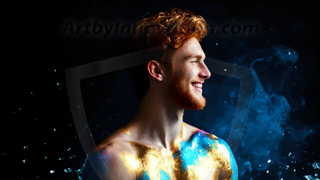 Abstract Male Art Ai Photos of Beautiful Men Enveloped by Colors. AI-generated abstract art featuring beautiful, handsome, sexy, shirtless, men, boys, lads, full of excitement joy and fun, covered in colors, dynamic, interactive, Combining elements of realism with surreal abstract qualities, showcasing the potential of AI in artistic expression.