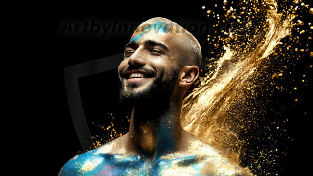 Abstract Male Art Ai Photos of Beautiful Men Enveloped by Colors. AI-generated abstract art featuring beautiful, handsome, sexy, shirtless, men, boys, lads, full of excitement joy and fun, covered in colors, dynamic, interactive, Combining elements of realism with surreal abstract qualities, showcasing the potential of AI in artistic expression.