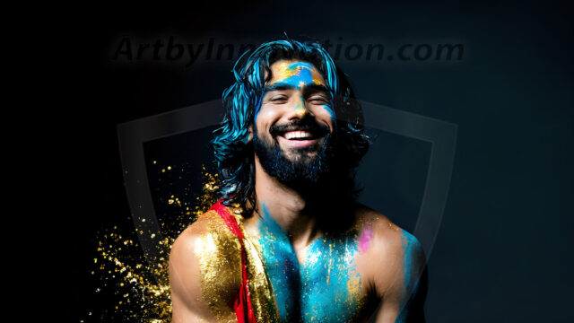 Abstract Male Art Ai Photos of Beautiful Men Enveloped by Colors. AI-generated abstract art featuring beautiful, handsome, sexy, shirtless, men, boys, lads, full of excitement joy and fun, covered in colors, dynamic, interactive, Combining elements of realism with surreal abstract qualities, showcasing the potential of AI in artistic expression.