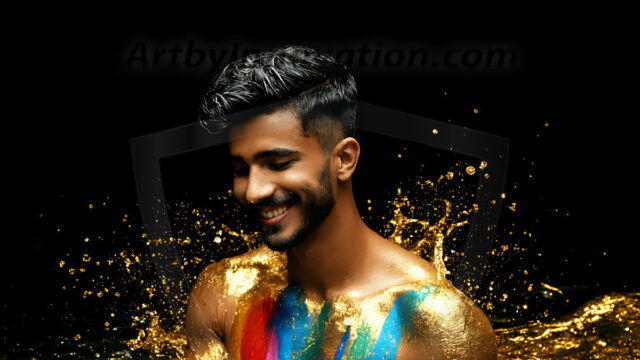 Abstract Male Art Ai Photos of Beautiful Men Enveloped by Colors. AI-generated abstract art featuring beautiful, handsome, sexy, shirtless, men, boys, lads, full of excitement joy and fun, covered in colors, dynamic, interactive, Combining elements of realism with surreal abstract qualities, showcasing the potential of AI in artistic expression.