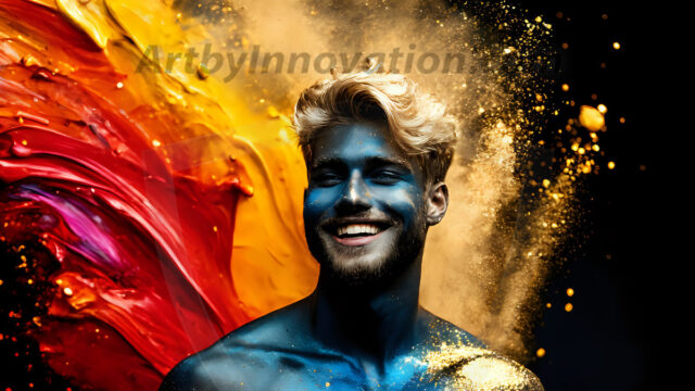 Abstract Male Art Ai Photos of Beautiful Men Enveloped by Colors. AI-generated abstract art featuring beautiful, handsome, sexy, shirtless, men, boys, lads, full of excitement joy and fun, covered in colors, dynamic, interactive, Combining elements of realism with surreal abstract qualities, showcasing the potential of AI in artistic expression.