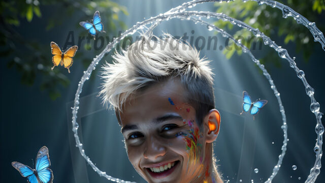 Abstract Male Art Ai Photos of Beautiful Men Enveloped by Colors. AI-generated abstract art featuring beautiful, handsome, sexy, shirtless, men, boys, lads, full of excitement joy and fun, covered in colors, dynamic, interactive, Combining elements of realism with surreal abstract qualities, showcasing the potential of AI in artistic expression.