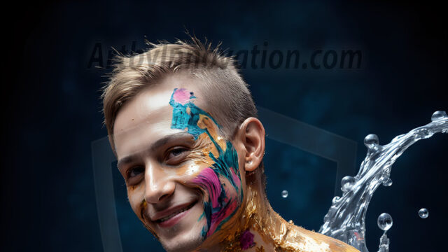 Abstract Male Art Ai Photos of Beautiful Men Enveloped by Colors. AI-generated abstract art featuring beautiful, handsome, sexy, shirtless, men, boys, lads, full of excitement joy and fun, covered in colors, dynamic, interactive, Combining elements of realism with surreal abstract qualities, showcasing the potential of AI in artistic expression.