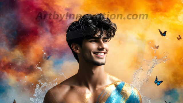Abstract Male Art Ai Photos of Beautiful Men Enveloped by Colors. AI-generated abstract art featuring beautiful, handsome, sexy, shirtless, men, boys, lads, full of excitement joy and fun, covered in colors, dynamic, interactive, Combining elements of realism with surreal abstract qualities, showcasing the potential of AI in artistic expression.