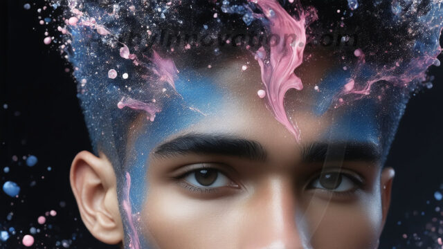 Abstract Male Art Ai Photos of Beautiful Men Enveloped by Colors. AI-generated abstract art featuring beautiful, handsome, sexy, shirtless, men, boys, lads, full of excitement joy and fun, covered in colors, dynamic, interactive, Combining elements of realism with surreal abstract qualities, showcasing the potential of AI in artistic expression.