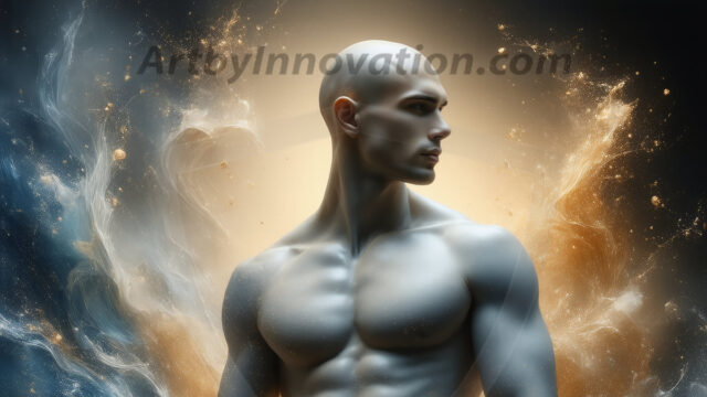 Abstract Male Art Ai Photos of Beautiful Men Enveloped by Colors. AI-generated abstract art featuring beautiful, handsome, sexy, shirtless, men, boys, lads, full of excitement joy and fun, covered in colors, dynamic, interactive, Combining elements of realism with surreal abstract qualities, showcasing the potential of AI in artistic expression.