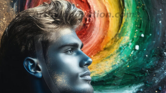 Abstract Male Art Ai Photos of Beautiful Men Enveloped by Colors. AI-generated abstract art featuring beautiful, handsome, sexy, shirtless, men, boys, lads, full of excitement joy and fun, covered in colors, dynamic, interactive, Combining elements of realism with surreal abstract qualities, showcasing the potential of AI in artistic expression.