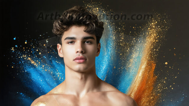 Abstract Male Art Ai Photos of Beautiful Men Enveloped by Colors. AI-generated abstract art featuring beautiful, handsome, sexy, shirtless, men, boys, lads, full of excitement joy and fun, covered in colors, dynamic, interactive, Combining elements of realism with surreal abstract qualities, showcasing the potential of AI in artistic expression.