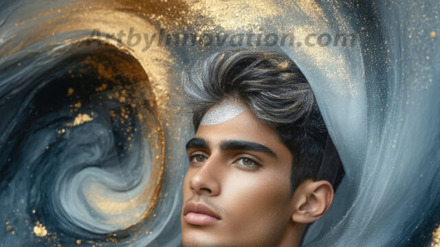 Abstract Male Art Ai Photos of Beautiful Men Enveloped by Colors. AI-generated abstract art featuring beautiful, handsome, sexy, shirtless, men, boys, lads, full of excitement joy and fun, covered in colors, dynamic, interactive, Combining elements of realism with surreal abstract qualities, showcasing the potential of AI in artistic expression.