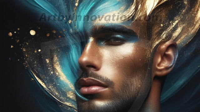 Abstract Male Art Ai Photos of Beautiful Men Enveloped by Colors. AI-generated abstract art featuring beautiful, handsome, sexy, shirtless, men, boys, lads, full of excitement joy and fun, covered in colors, dynamic, interactive, Combining elements of realism with surreal abstract qualities, showcasing the potential of AI in artistic expression.