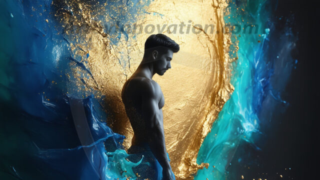 Abstract Male Art Ai Photos of Beautiful Men Enveloped by Colors. AI-generated abstract art featuring beautiful, handsome, sexy, shirtless, men, boys, lads, full of excitement joy and fun, covered in colors, dynamic, interactive, Combining elements of realism with surreal abstract qualities, showcasing the potential of AI in artistic expression.