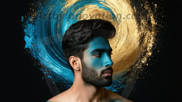 Abstract Male Art Ai Photos of Beautiful Men Enveloped by Colors. AI-generated abstract art featuring beautiful, handsome, sexy, shirtless, men, boys, lads, full of excitement joy and fun, covered in colors, dynamic, interactive, Combining elements of realism with surreal abstract qualities, showcasing the potential of AI in artistic expression.