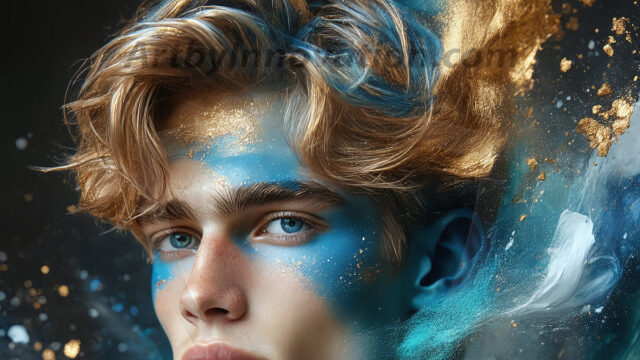 Abstract Male Art Ai Photos of Beautiful Men Enveloped by Colors. AI-generated abstract art featuring beautiful, handsome, sexy, shirtless, men, boys, lads, full of excitement joy and fun, covered in colors, dynamic, interactive, Combining elements of realism with surreal abstract qualities, showcasing the potential of AI in artistic expression.