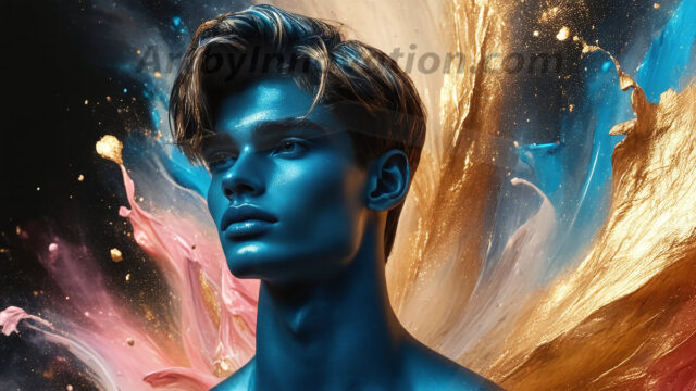 Abstract Male Art Ai Photos of Beautiful Men Enveloped by Colors. AI-generated abstract art featuring beautiful, handsome, sexy, shirtless, men, boys, lads, full of excitement joy and fun, covered in colors, dynamic, interactive, Combining elements of realism with surreal abstract qualities, showcasing the potential of AI in artistic expression.