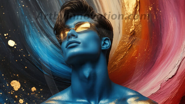Abstract Male Art Ai Photos of Beautiful Men Enveloped by Colors. AI-generated abstract art featuring beautiful, handsome, sexy, shirtless, men, boys, lads, full of excitement joy and fun, covered in colors, dynamic, interactive, Combining elements of realism with surreal abstract qualities, showcasing the potential of AI in artistic expression.
