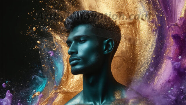Abstract Male Art Ai Photos of Beautiful Men Enveloped by Colors. AI-generated abstract art featuring beautiful, handsome, sexy, shirtless, men, boys, lads, full of excitement joy and fun, covered in colors, dynamic, interactive, Combining elements of realism with surreal abstract qualities, showcasing the potential of AI in artistic expression.