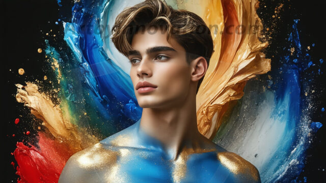 Abstract Male Art Ai Photos of Beautiful Men Enveloped by Colors. AI-generated abstract art featuring beautiful, handsome, sexy, shirtless, men, boys, lads, full of excitement joy and fun, covered in colors, dynamic, interactive, Combining elements of realism with surreal abstract qualities, showcasing the potential of AI in artistic expression.