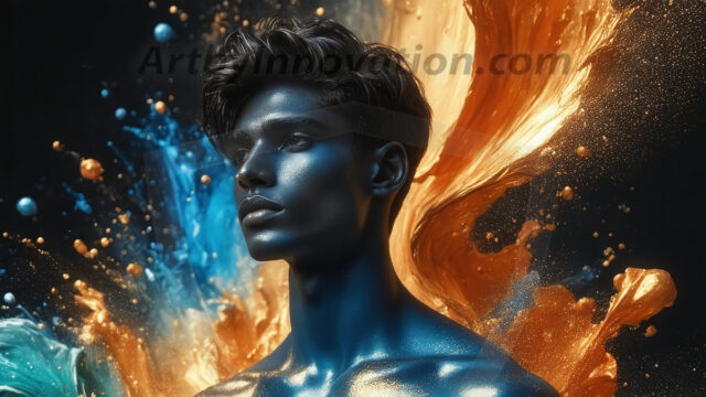 Abstract Male Art Ai Photos of Beautiful Men Enveloped by Colors. AI-generated abstract art featuring beautiful, handsome, sexy, shirtless, men, boys, lads, full of excitement joy and fun, covered in colors, dynamic, interactive, Combining elements of realism with surreal abstract qualities, showcasing the potential of AI in artistic expression.