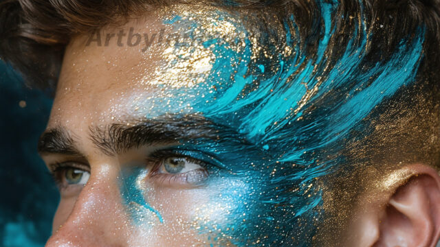 Abstract Male Art Ai Photos of Beautiful Men Enveloped by Colors. AI-generated abstract art featuring beautiful, handsome, sexy, shirtless, men, boys, lads, full of excitement joy and fun, covered in colors, dynamic, interactive, Combining elements of realism with surreal abstract qualities, showcasing the potential of AI in artistic expression.