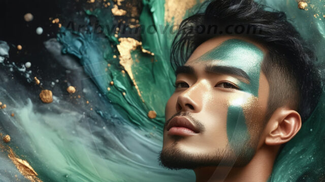 Abstract Male Art Ai Photos of Beautiful Men Enveloped by Colors. AI-generated abstract art featuring beautiful, handsome, sexy, shirtless, men, boys, lads, full of excitement joy and fun, covered in colors, dynamic, interactive, Combining elements of realism with surreal abstract qualities, showcasing the potential of AI in artistic expression.