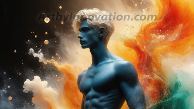 Abstract Male Art Ai Photos of Beautiful Men Enveloped by Colors. AI-generated abstract art featuring beautiful, handsome, sexy, shirtless, men, boys, lads, full of excitement joy and fun, covered in colors, dynamic, interactive, Combining elements of realism with surreal abstract qualities, showcasing the potential of AI in artistic expression.