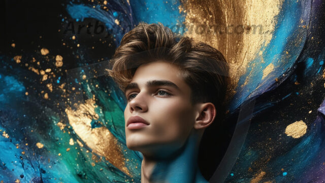 Abstract Male Art Ai Photos of Beautiful Men Enveloped by Colors. AI-generated abstract art featuring beautiful, handsome, sexy, shirtless, men, boys, lads, full of excitement joy and fun, covered in colors, dynamic, interactive, Combining elements of realism with surreal abstract qualities, showcasing the potential of AI in artistic expression.