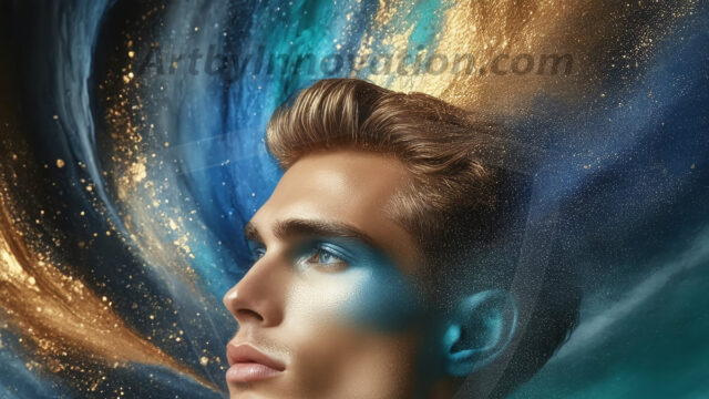 Abstract Male Art Ai Photos of Beautiful Men Enveloped by Colors. AI-generated abstract art featuring beautiful, handsome, sexy, shirtless, men, boys, lads, full of excitement joy and fun, covered in colors, dynamic, interactive, Combining elements of realism with surreal abstract qualities, showcasing the potential of AI in artistic expression.