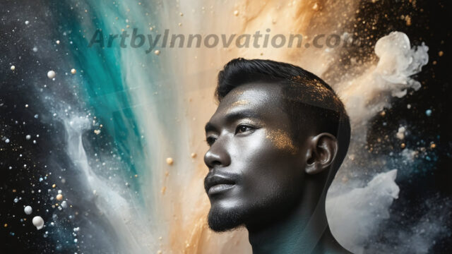 Abstract Male Art Ai Photos of Beautiful Men Enveloped by Colors. AI-generated abstract art featuring beautiful, handsome, sexy, shirtless, men, boys, lads, full of excitement joy and fun, covered in colors, dynamic, interactive, Combining elements of realism with surreal abstract qualities, showcasing the potential of AI in artistic expression.