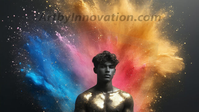 Abstract Male Art Ai Photos of Beautiful Men Enveloped by Colors. AI-generated abstract art featuring beautiful, handsome, sexy, shirtless, men, boys, lads, full of excitement joy and fun, covered in colors, dynamic, interactive, Combining elements of realism with surreal abstract qualities, showcasing the potential of AI in artistic expression.
