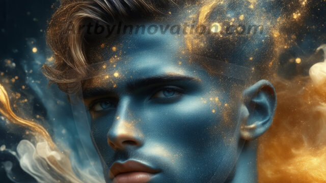 Abstract Male Art Ai Photos of Beautiful Men Enveloped by Colors. AI-generated abstract art featuring beautiful, handsome, sexy, shirtless, men, boys, lads, full of excitement joy and fun, covered in colors, dynamic, interactive, Combining elements of realism with surreal abstract qualities, showcasing the potential of AI in artistic expression.