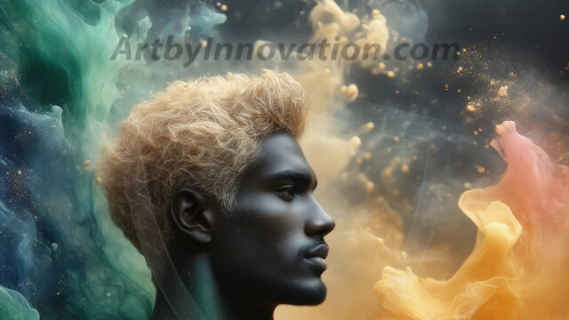 Abstract Male Art Ai Photos of Beautiful Men Enveloped by Colors. AI-generated abstract art featuring beautiful, handsome, sexy, shirtless, men, boys, lads, full of excitement joy and fun, covered in colors, dynamic, interactive, Combining elements of realism with surreal abstract qualities, showcasing the potential of AI in artistic expression.