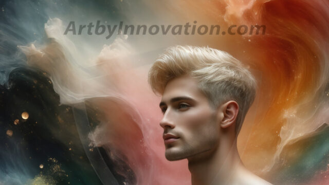 Abstract Male Art Ai Photos of Beautiful Men Enveloped by Colors. AI-generated abstract art featuring beautiful, handsome, sexy, shirtless, men, boys, lads, full of excitement joy and fun, covered in colors, dynamic, interactive, Combining elements of realism with surreal abstract qualities, showcasing the potential of AI in artistic expression.