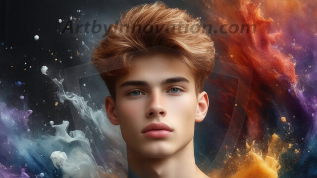 Abstract Male Art Ai Photos of Beautiful Men Enveloped by Colors. AI-generated abstract art featuring beautiful, handsome, sexy, shirtless, men, boys, lads, full of excitement joy and fun, covered in colors, dynamic, interactive, Combining elements of realism with surreal abstract qualities, showcasing the potential of AI in artistic expression.