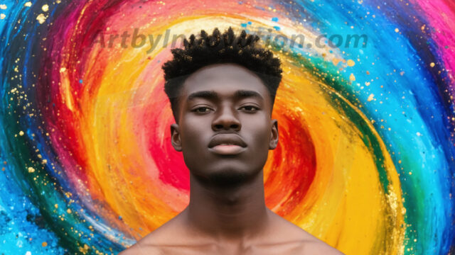 Abstract Male Art Ai Photos of Beautiful Men Enveloped by Colors. AI-generated abstract art featuring beautiful, handsome, sexy, shirtless, men, boys, lads, full of excitement joy and fun, covered in colors, dynamic, interactive, Combining elements of realism with surreal abstract qualities, showcasing the potential of AI in artistic expression.